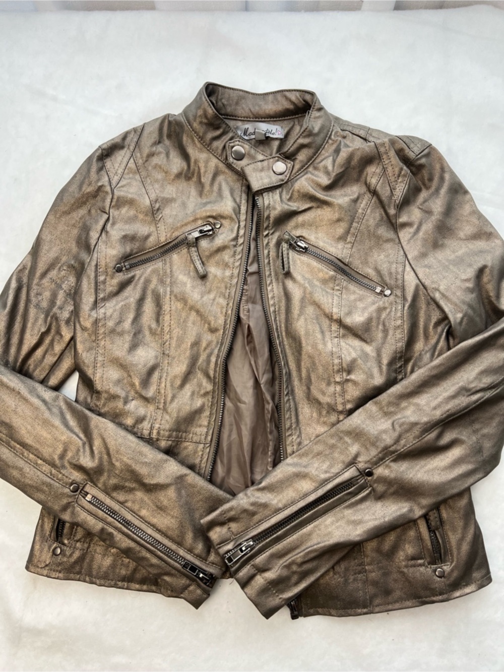 Metallic Bronze Faux Leather Moto Jacket Size S Zip Detail Y2K Biker
